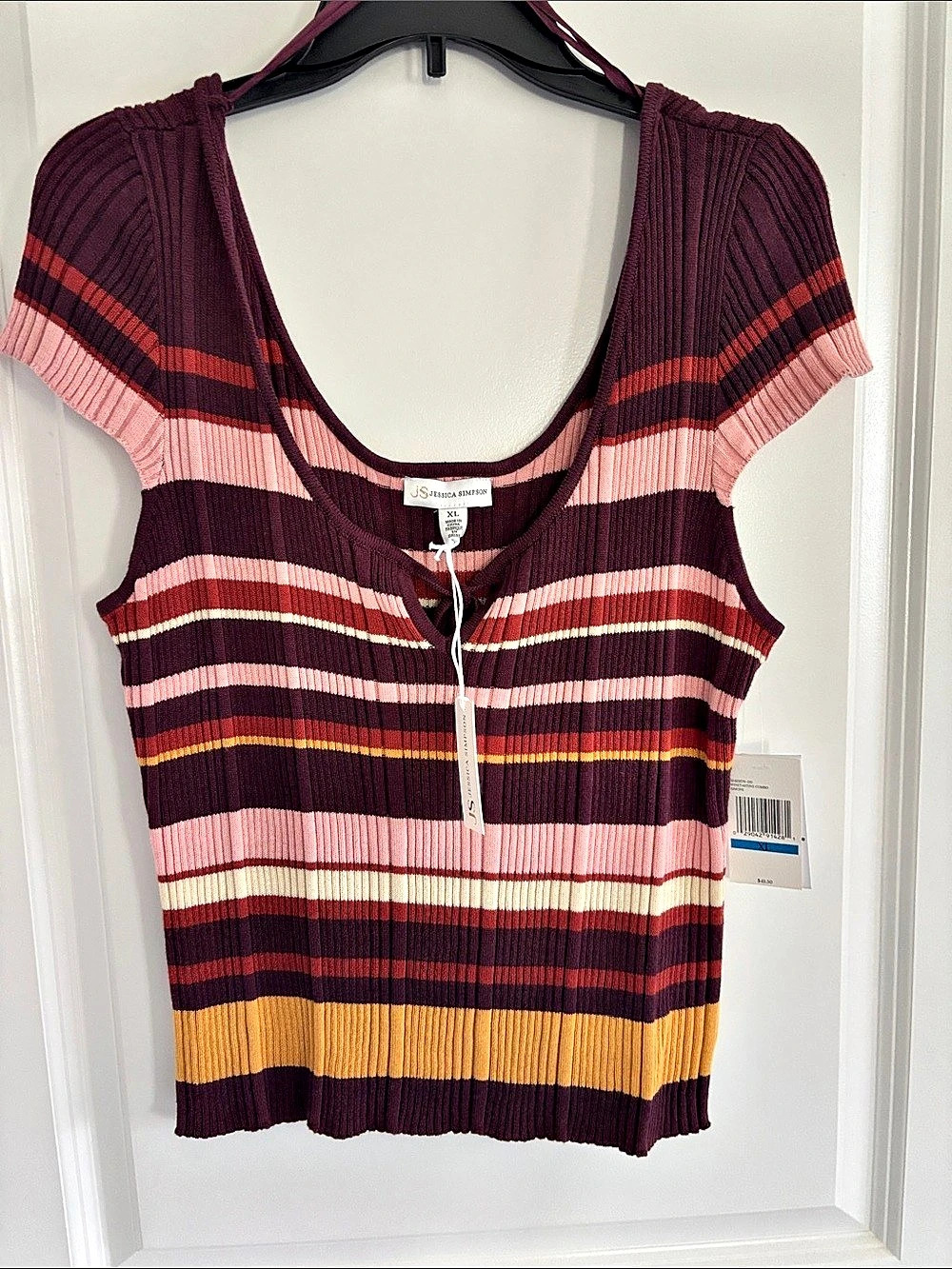 Jessica Simpson Striped Ribbed Knit Top Burgundy & Pink XL